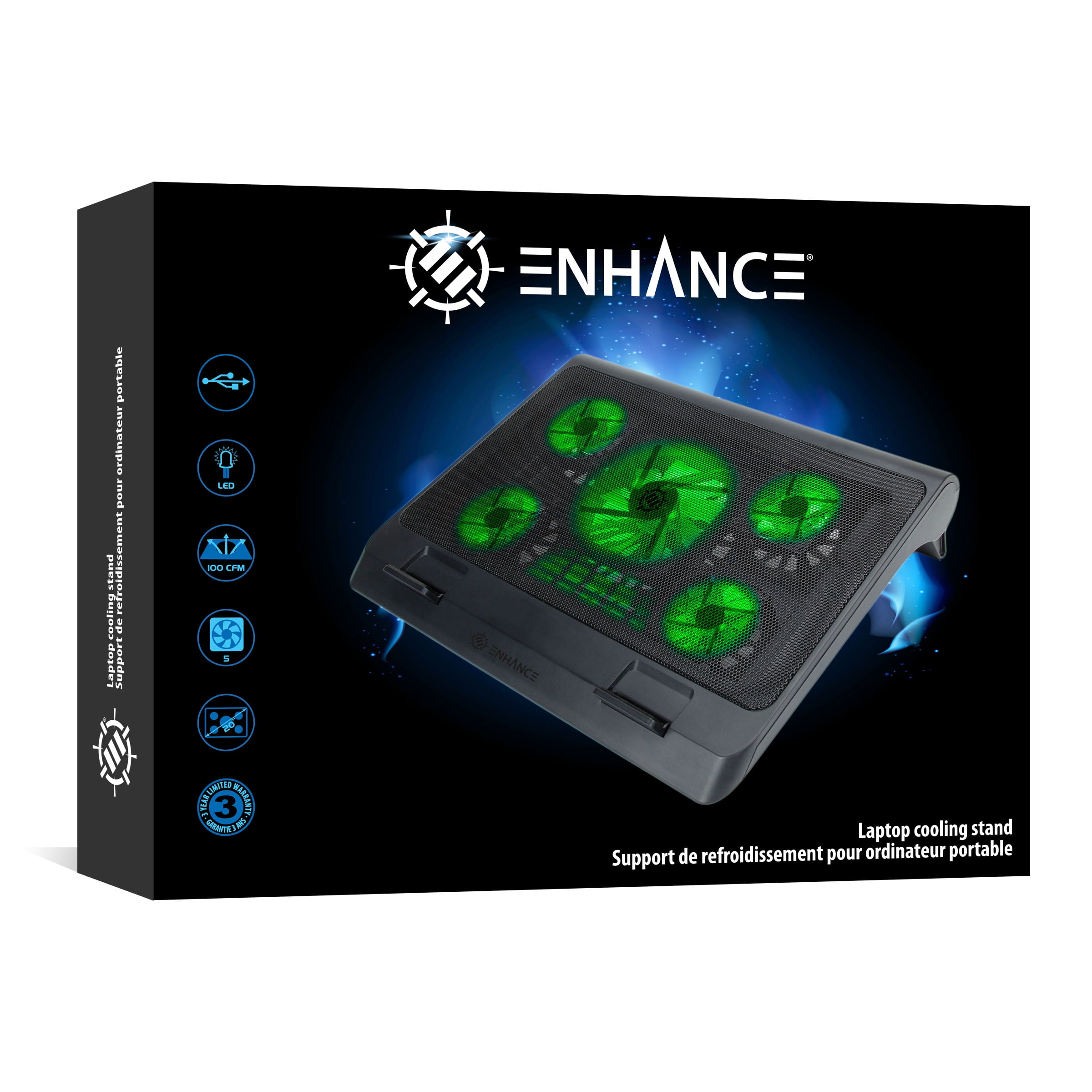 ENHANCE Gaming Laptop Cooling Pad Stand with LED Fans , Adjustable Height , & USB Port for 17 inch Laptops 5 Ultra Quiet Fans 2550 RPM & Built In Bumpers Green