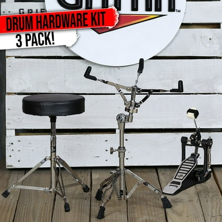 Griffin (3 Set) Bass Drum Pedal, Drummers Seat & Snare Stand | Percussion Chair