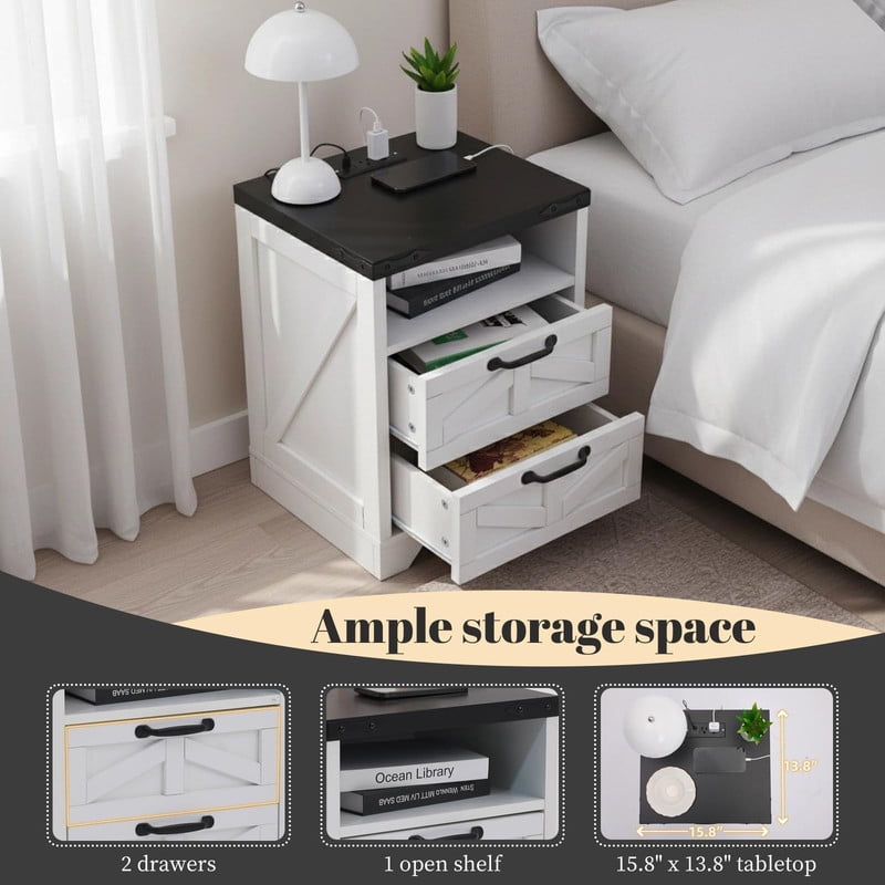 TROPOW Bedside Tables with Charging Station, 2 Drawers, USB & Type-C Ports, Industrial Bedside Table with Storage – End Tables for Bedroom or Living Room, White Color