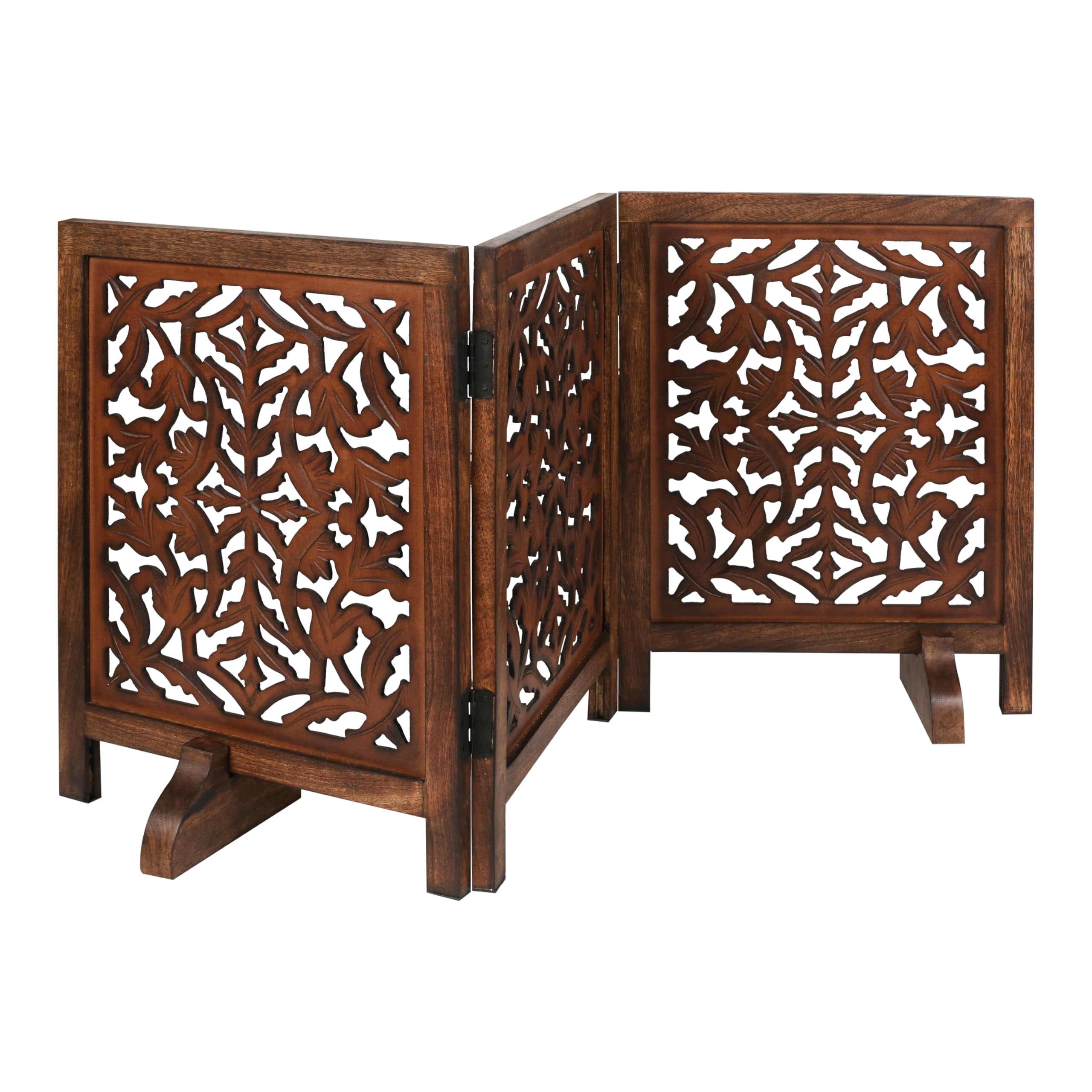 Free Standing Dog Gate – 3 Panel Foldable Wooden pet gate Indoor 54" W x 24" H, Hand-Carved Solid Wood & MDF, Portable Indoor Gate for Doorways, Halls, Stairs – Fully Assembled_Burnt Finish