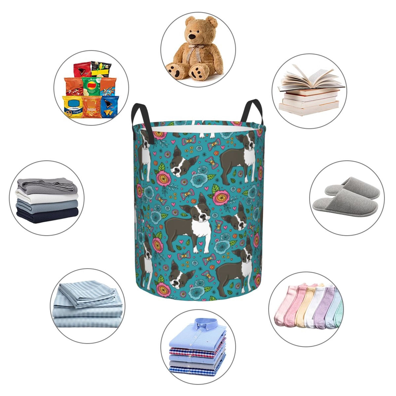 Large Laundry Basket with Handles - Boston terrier flowers green cute Kids Baby Dirty Clothes Laundry Hamper for Bedroom Aesthetic