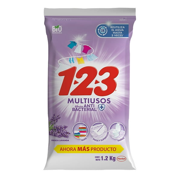 Detergente en polvo para ropa 123 fresca lavanda 1.2 kilos