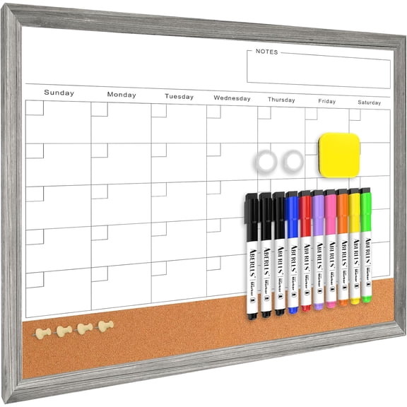 Monthly Whiteboard Calendar & Corkboard for Wall, Magnetic 17"x13" Dry Erase Board with Gray Wood Framed, 2in1 White Board Cork Board Combo, Calendar Bulletin Board for Kitchen Planner Memo