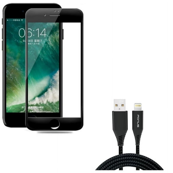 iPhone 8/7/6S/6 - Charger Cord 10ft USB Cable w Ceramics Screen Protector - Power Wire Braided Long Sync, Matte Black 3D Curved Edge Full Cover Anti Glare for iPhone 8/7/6S/6