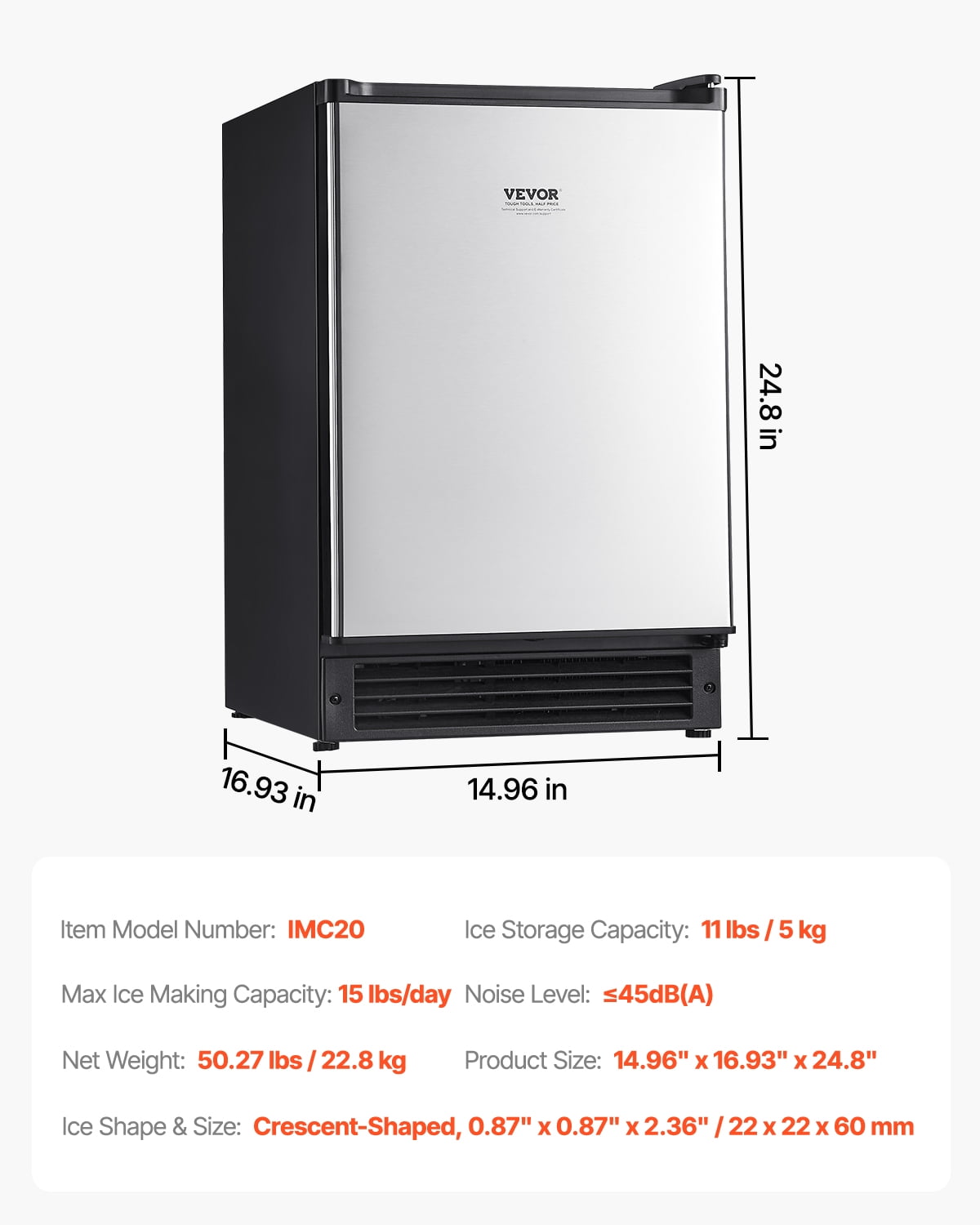 KFFKFF Inbuilt Ice Making Machine, 15 Lbs/Day Sub-Counter Ice Producer with Reversible Stainless Steel Door, Standalone Ice Generator Suitable for Commercial and Domestic Kitchens, No Drainage Needed