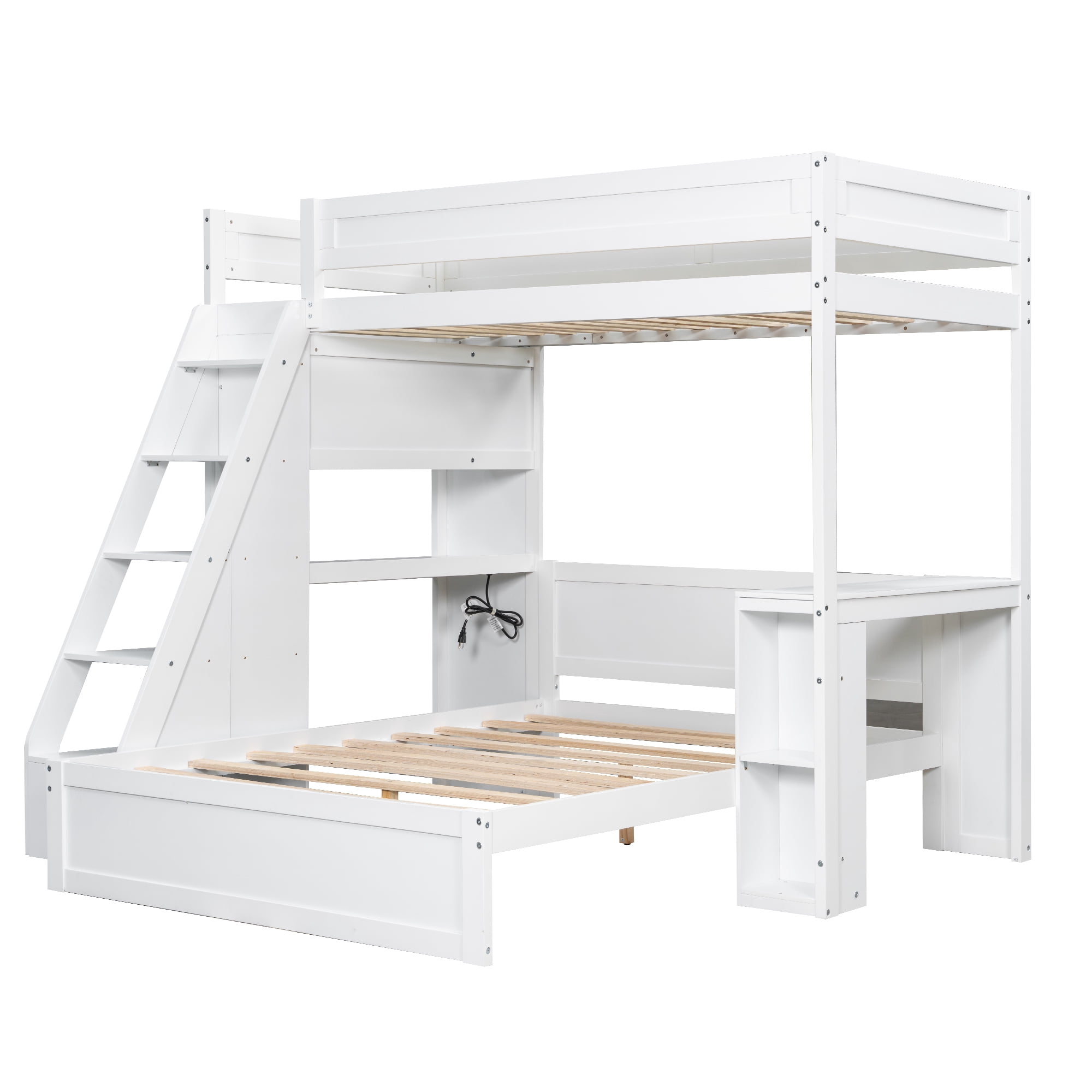 Euroco Wood Twin XL over Full Bunk Bed with Desk, Storage Bed with Shelves and USB Ports, White