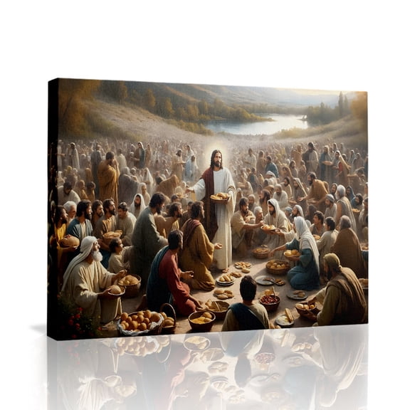 Feeding the 5000 Bible Scene Canvas Wall Art (Spiritual Inspirational Tone) Ready to Hang for Home