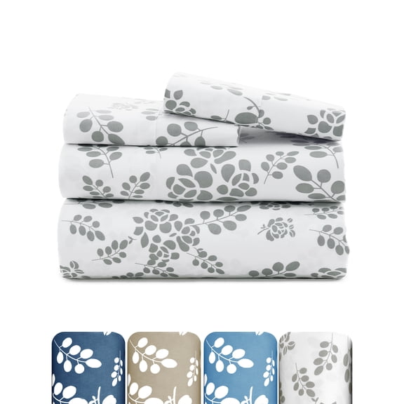 Lux Decor Microfiber Floral Bed Sheets King, 4 Piece Deep Pocket Fitted Sheet, Flat Sheet, Pillowcases- White Grey