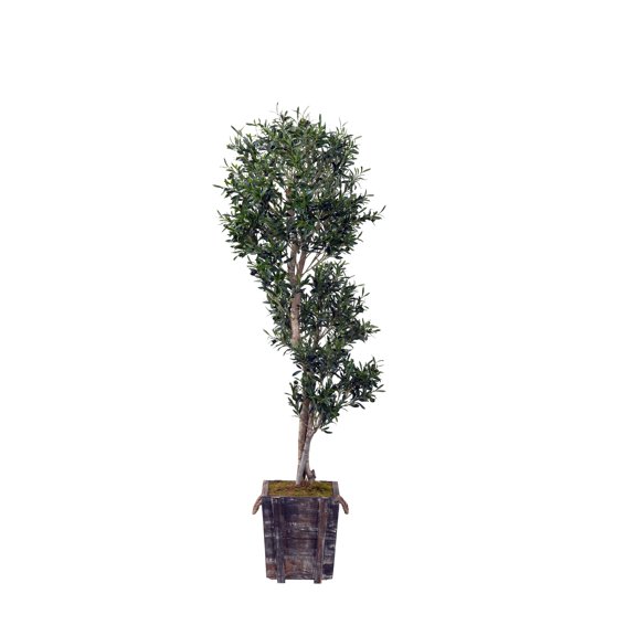 D&W Silks 7' Sculptured Olive Tree in Rustic Wooden Planter