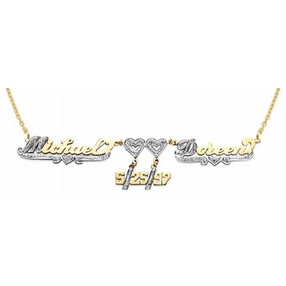 Personalized Diamond 2 Name 2 Hearts 4 PCS Nameplate Pendant Necklace 14K Yellow or 14K 14K White Gold.  Special Order, Made to Order. PNK074Y