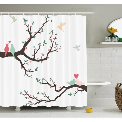 Ambesonne Love Retro Birds on Branch Art Shower Curtain Set