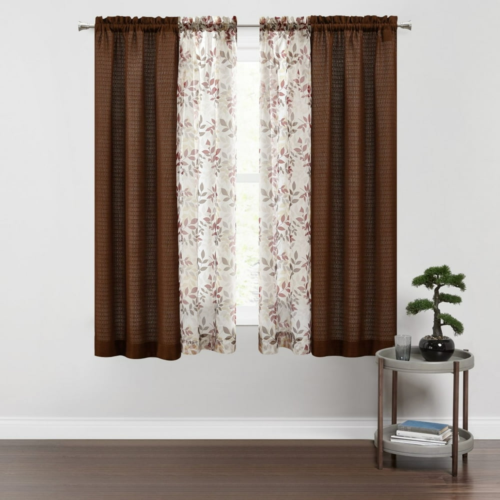 Mainstays 4pc Set, Rod Pocket Curtain Panel, 27.5" x 63", Brown