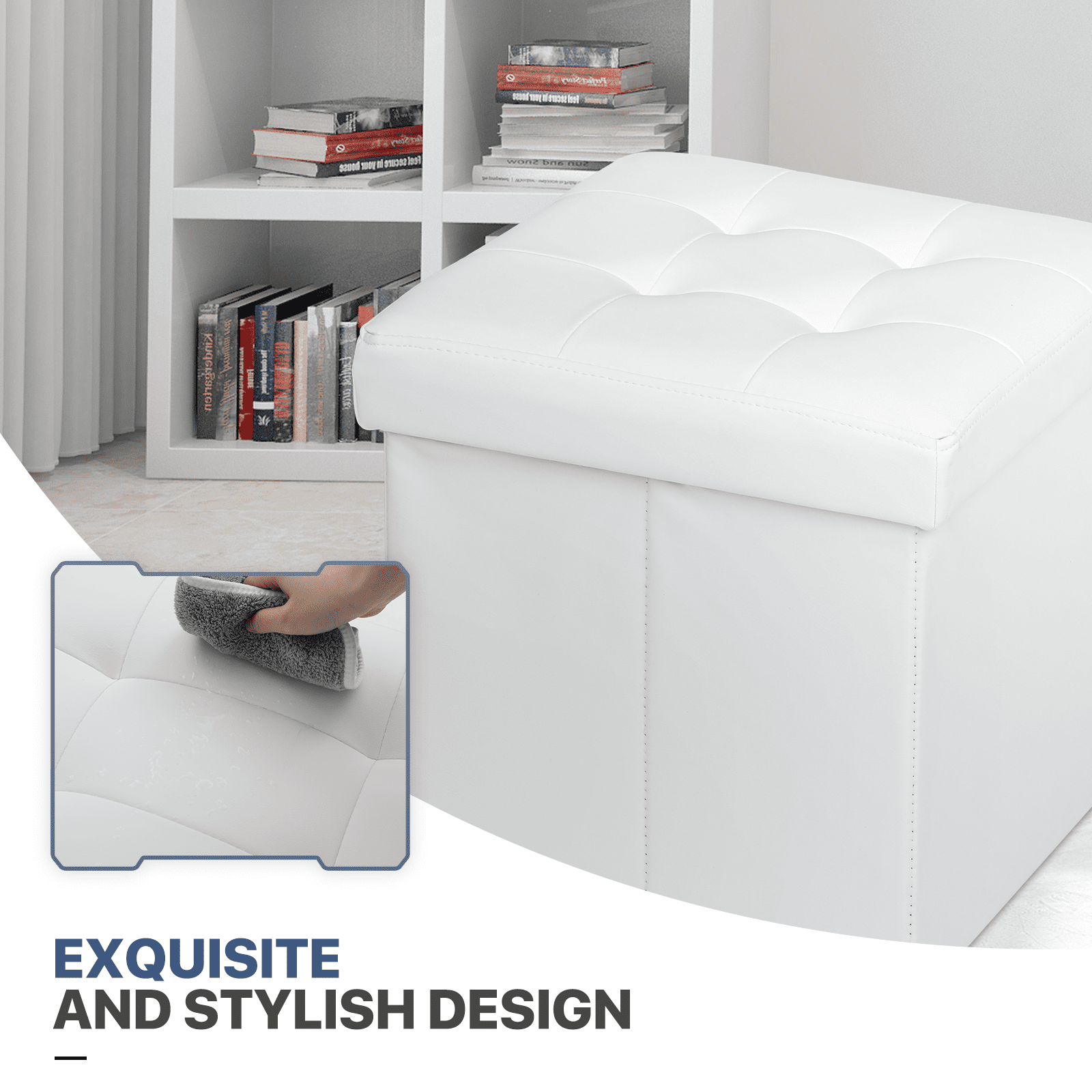 MoNiBloom 15" Cube Collapsible Ottoman with Storage, PU Leather Storage Ottoman Footrest, for Living Room Bedroom Entryway, Brown