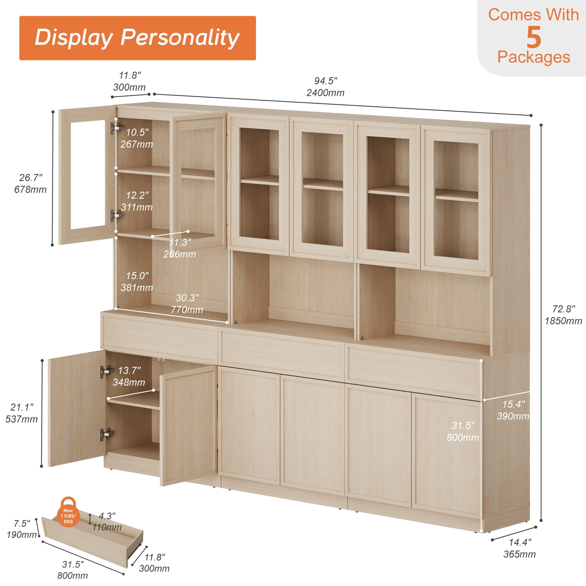 Modern Wood Sideboard Buffet with Glass Doors, Drawers & Adjustable Shelves, 72" Tall Glass Display Storage Cabinet,Beige