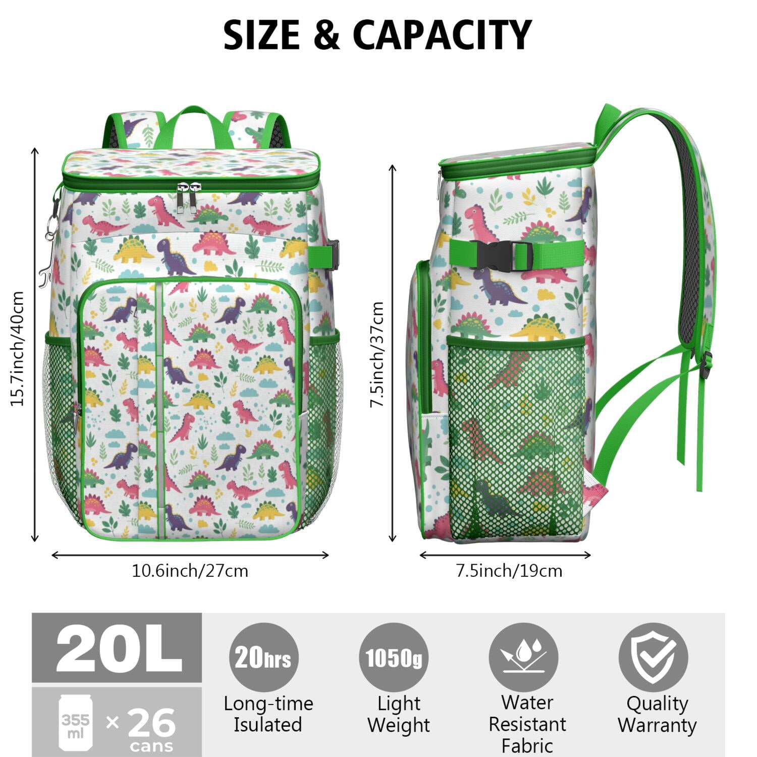 Travel Cooler Bag - White Cute Dinosaurs Pattern Camping Beer Cooler Backpack with Bottle Opener- Waterproof Insulated Picnic Backpacks - Cooler Bag for Beach