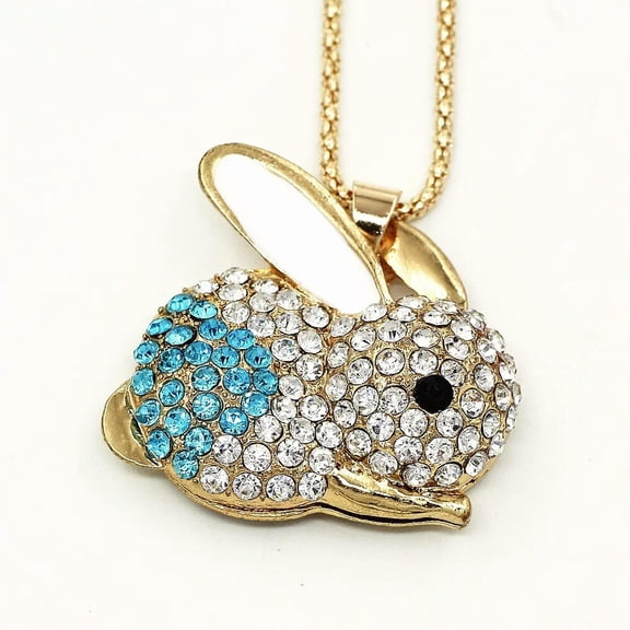 QQTDFG Cute Rabbit Bunny Pendant Necklace Blue Enamel Crystal Rhinestone Sweater Chain -default