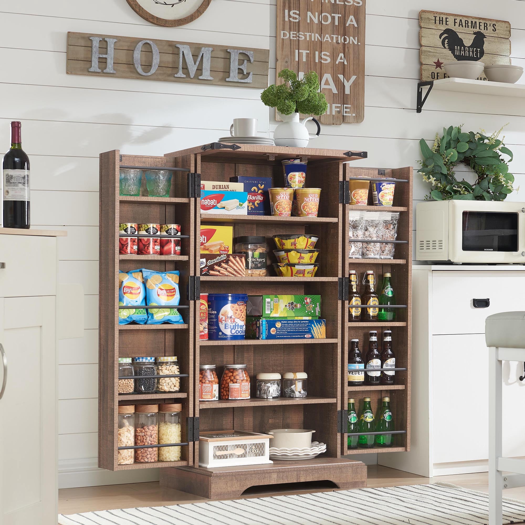 ACCOHOHO 47" Kitchen Pantry Cabinet, Farmhouse Storage Cabinet with Adjustable Shelves for Kitchen, Dining Room, Bathroom - Brown