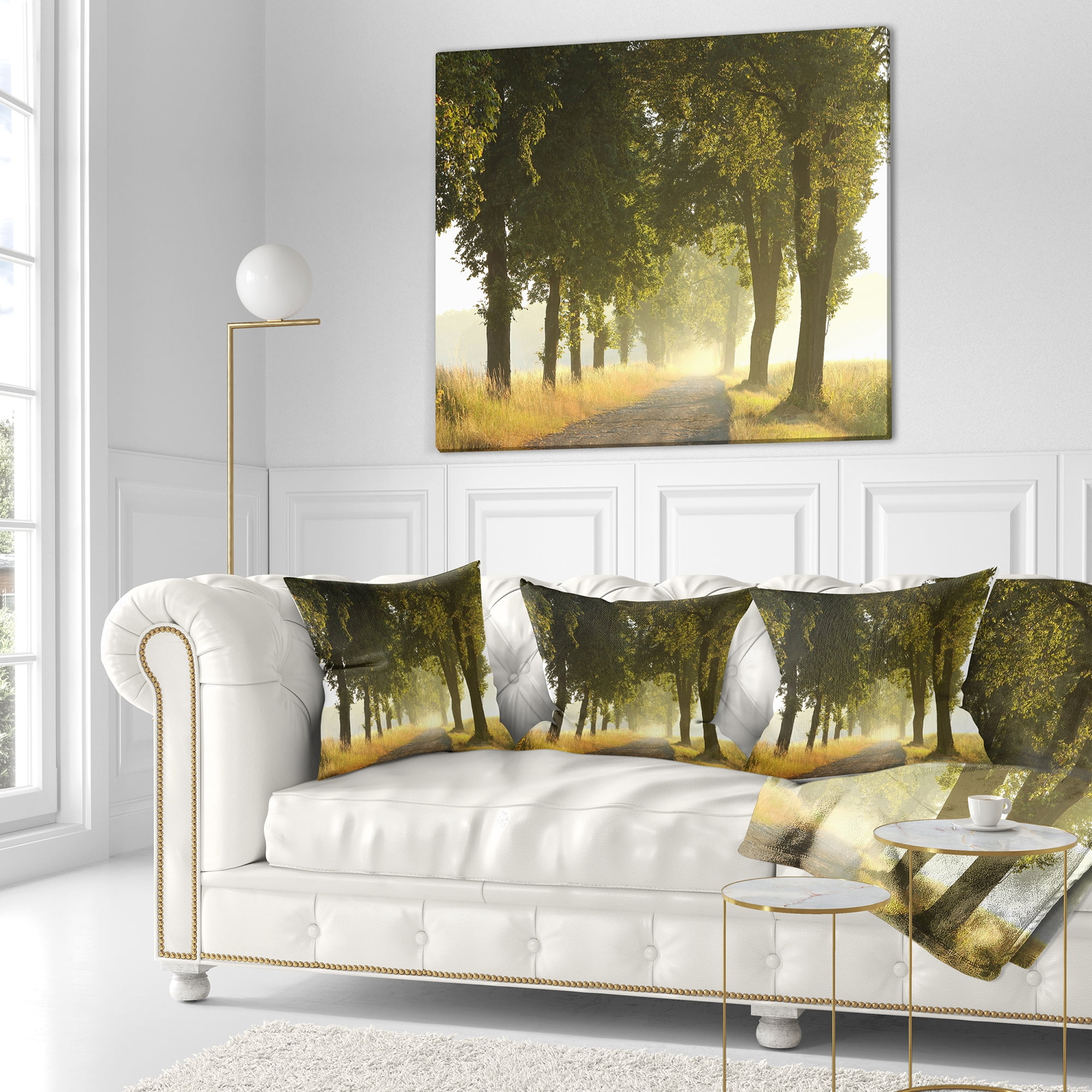 Designart Country Road Below Green Trees - Landscape Photo Throw Pillow - 16x16