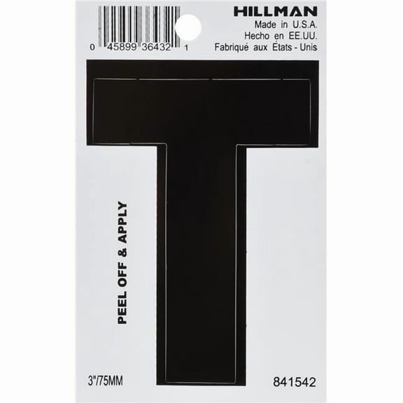 Hillman Group 841542 3 in. Black Glossy Vinyl Die-Cut Adhesive Letter - T