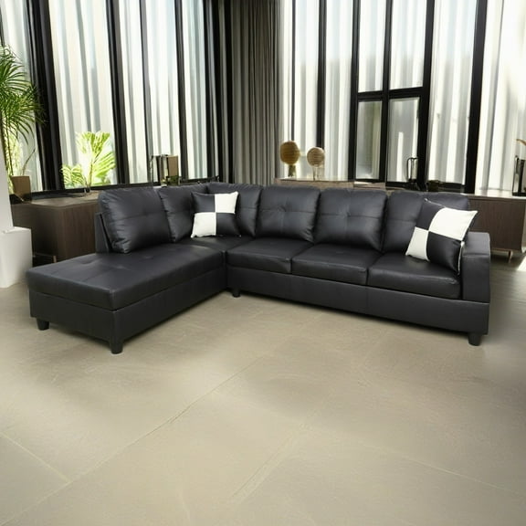 Hommoo Faux Leather L-Shaped Sectional Sofa, Living Room Furniture Sets, Modern 4-Seat Couches and Sofas Set for Home& Office, Black (No Ottomans)