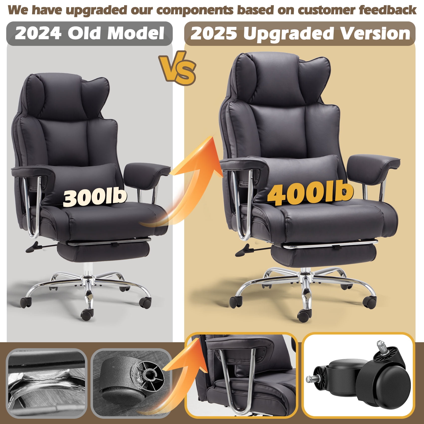 zzw Big and Tall Executive Office Chair, Reclining with Footrest, Adjustable High Back Ergonomic Leather Chair, 400lb Capacity