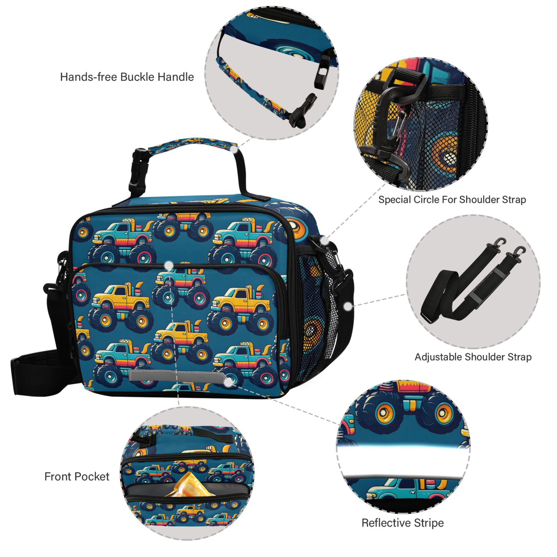 ALAZA Cartoon Car Vehicles Lunch Box Insulated Cooler Bag Reusable Tote Bags Shoulder Strap