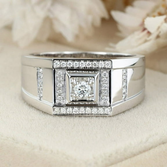 Bow Jewel 14K White Gold Plated Wedding Statement Ring - Men's Jewelry - 1.37 Ct Round Cut Lab Created Diamond Engagement Ring for Him - Men's Ring for Birthday Gift - Handmade Jewelry for Men's