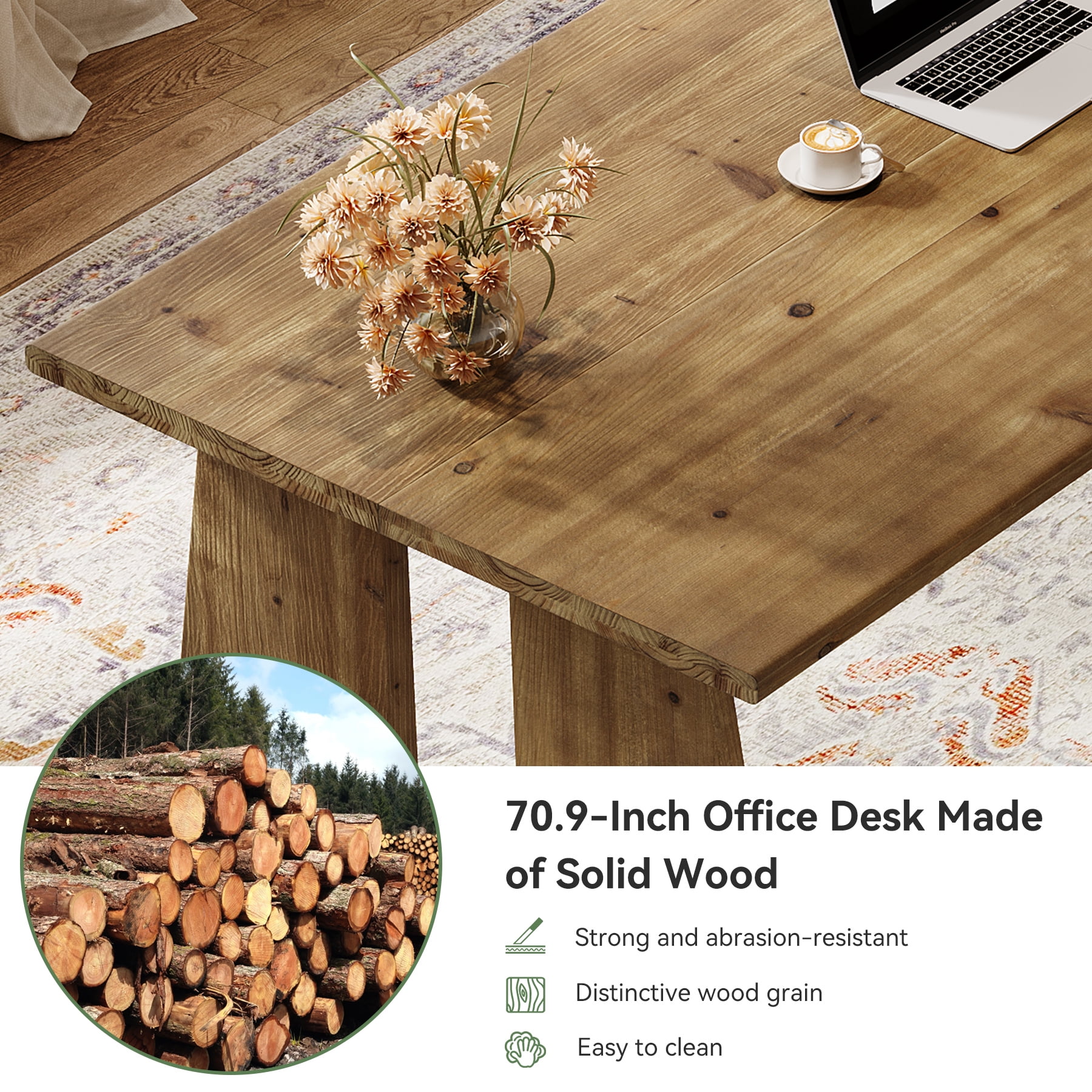 Finmind Solid Wood Executive Desk, 70.9-inch Long Office Computer Desk with Sturdy Legs, Farmhouse Writing Table Large Workstation, Brown