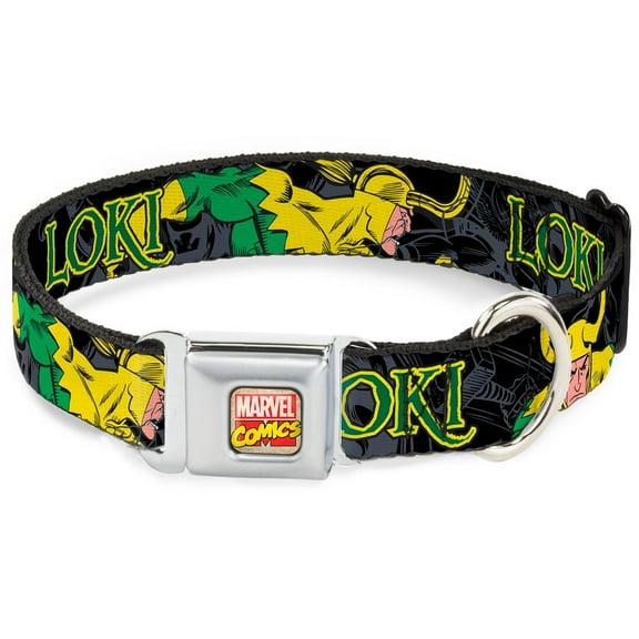 Marvel Comics Pet Collar, Dog Collar Metal Seatbelt Buckle, Loki In Action Black Gray Yellow Green, 9.5 to 13 Inches 1.0 Inch Wide