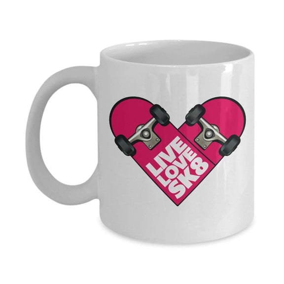 Live Love Sk8 Pink Heart Shaped Skateboard Coffee & Tea Gift Mug For Youth & Women