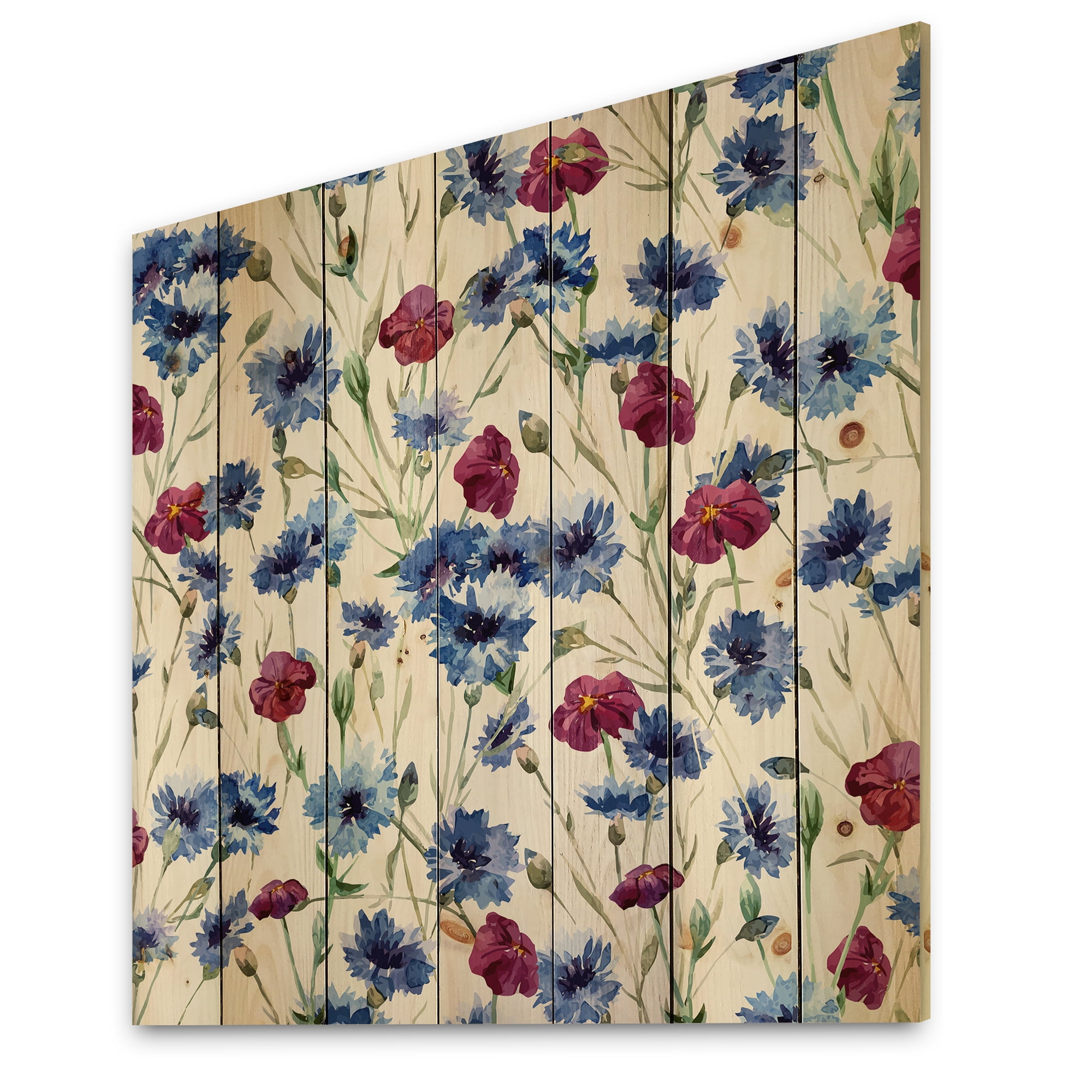 Designart 'Red and Blue Wildflowers' Traditional Print on Natural Pine Wood
