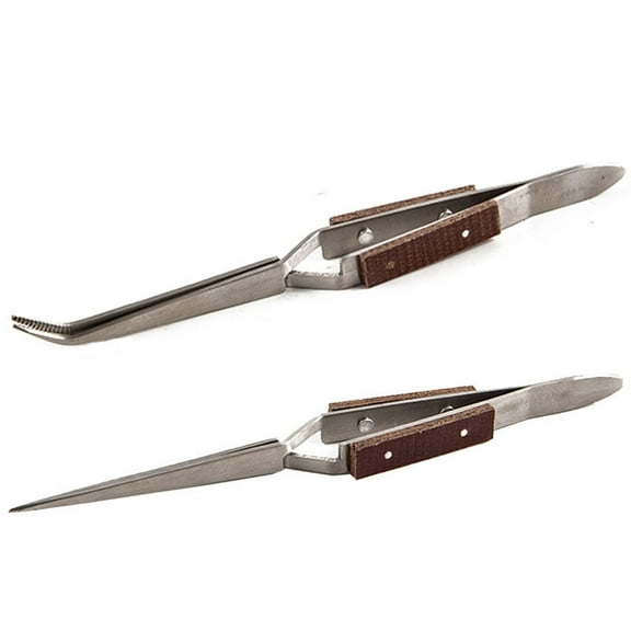 Cross Lock Tweezers Self Closing Fiber Grip 6-1/2" Set of 2 Bent & Straight Tip