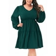 thumbnail image 2 of Women's Plus Size Tunic Dresses V Neck Bishop Long Sleeve Smocked Casual Loose Shift Swing Dress, Dark Green, XX-Large, 2 of 5