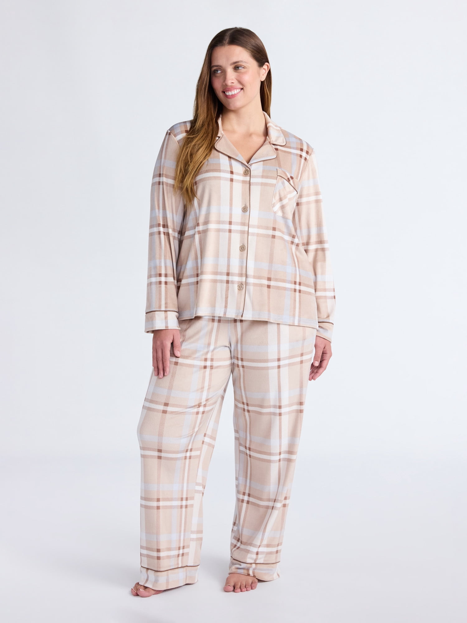 Joyspun Women’s Stretch Velour Notch Collar Long Sleeve Pajama Set, Sizes XS to 4X