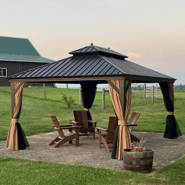 PURPLE LEAF Pavillon Extérieur à Toit Rigide 12 Pieds X 14 Pieds pour Patio, Grand Cadre en Aluminium, Double Toit en Métal avec Moustiquaire et Rideaux Robustes pour Pavillon à Toit Rigide Permanent, Kaki