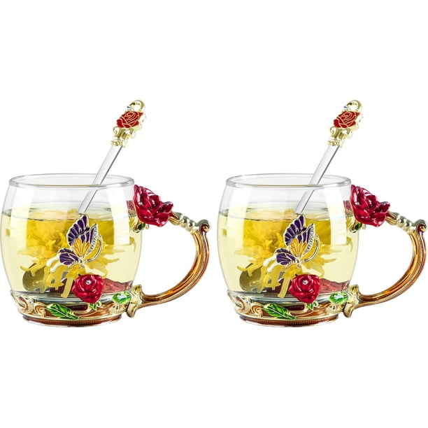 Taza de té de vidrio con cuchara Esmalte hecho a mano Flor de rosa y mariposa de diamante de colores Taza de café de vidrio transparente Cumpleaños Abuela Chica Graduada brillar Hogar