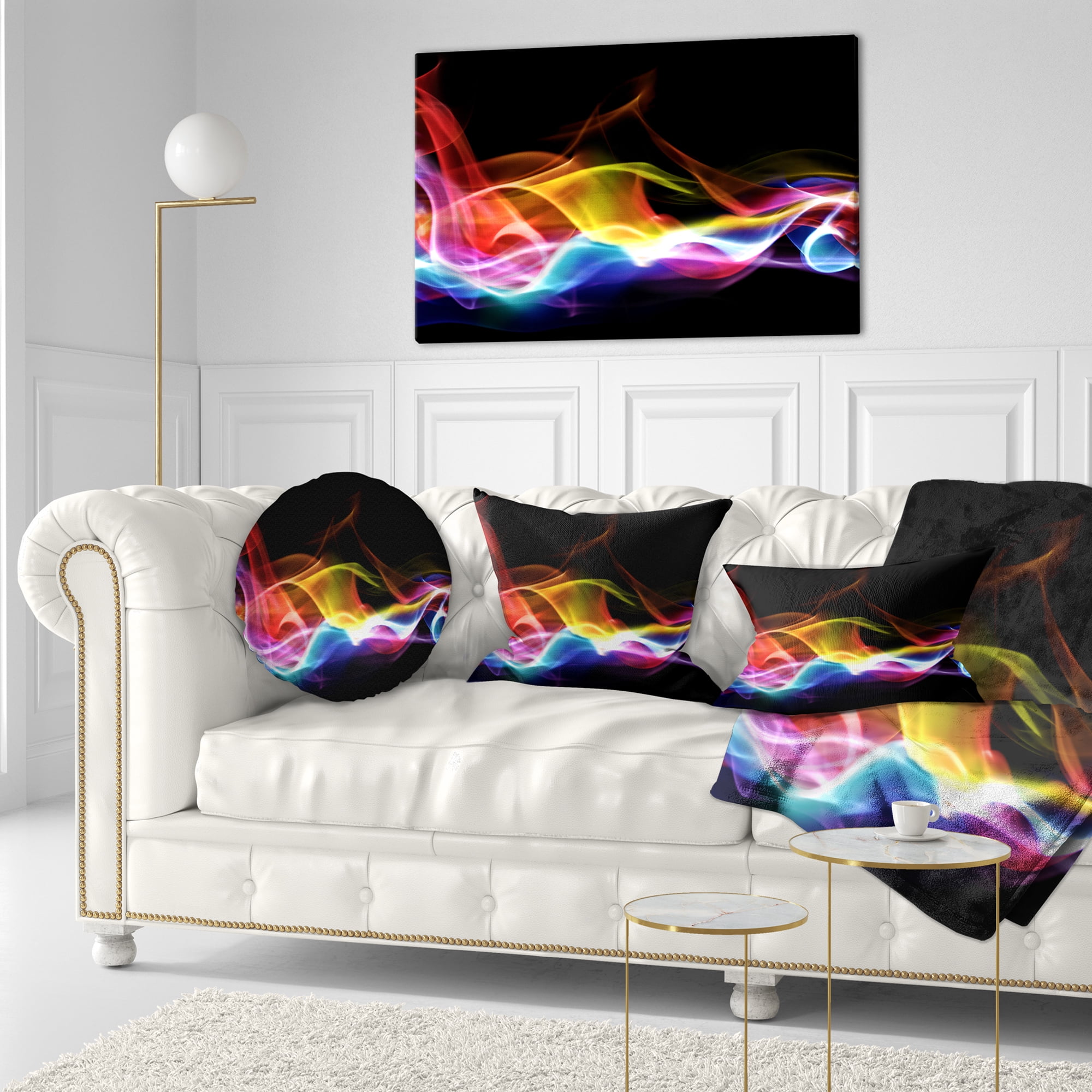 Designart Blue Yellow Waves in Black - Abstract Throw Pillow - 12x20