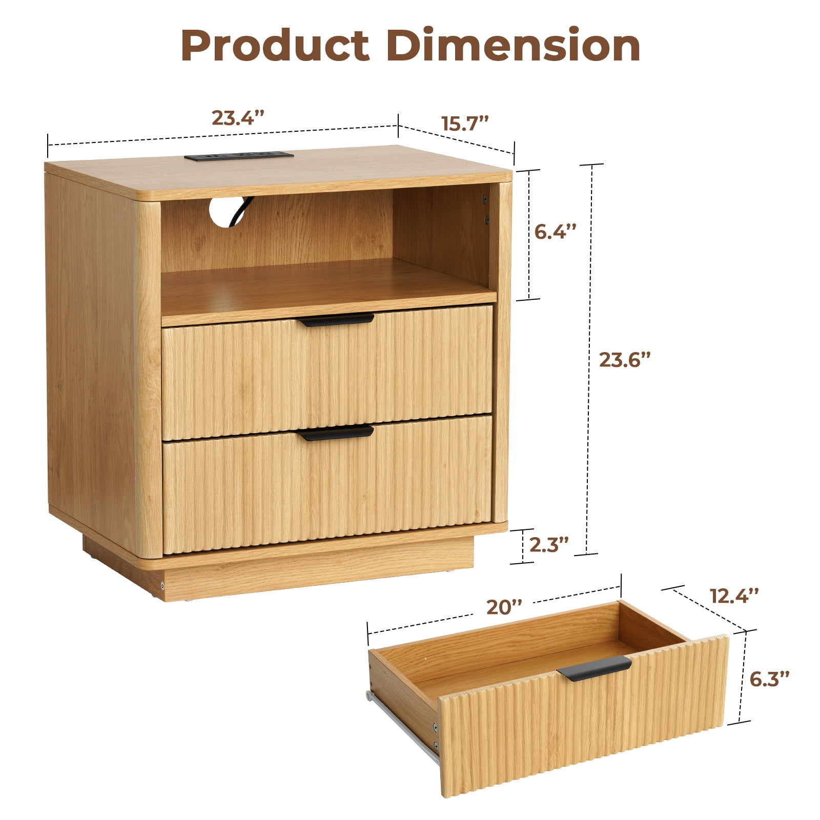 Hommpa Fluted Nightstand, 2 Drawers Bed Side Table with Charging Station, Modern End Side Table for Bedroom Furniture Living Room Sofa, Night Stand with Storage Drawers and Open Shelf