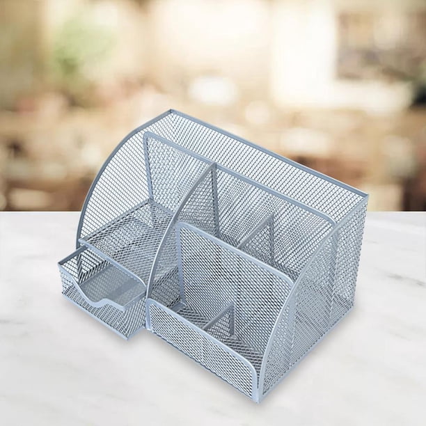 Organizador de escritorio de malla, bolígrafo, almacenamiento de lápices, organizador de escritorio escolar multifunción, 6 ranuras con cajón, - plata Los 22x14x13.5cm perfecl portalápices de malla
