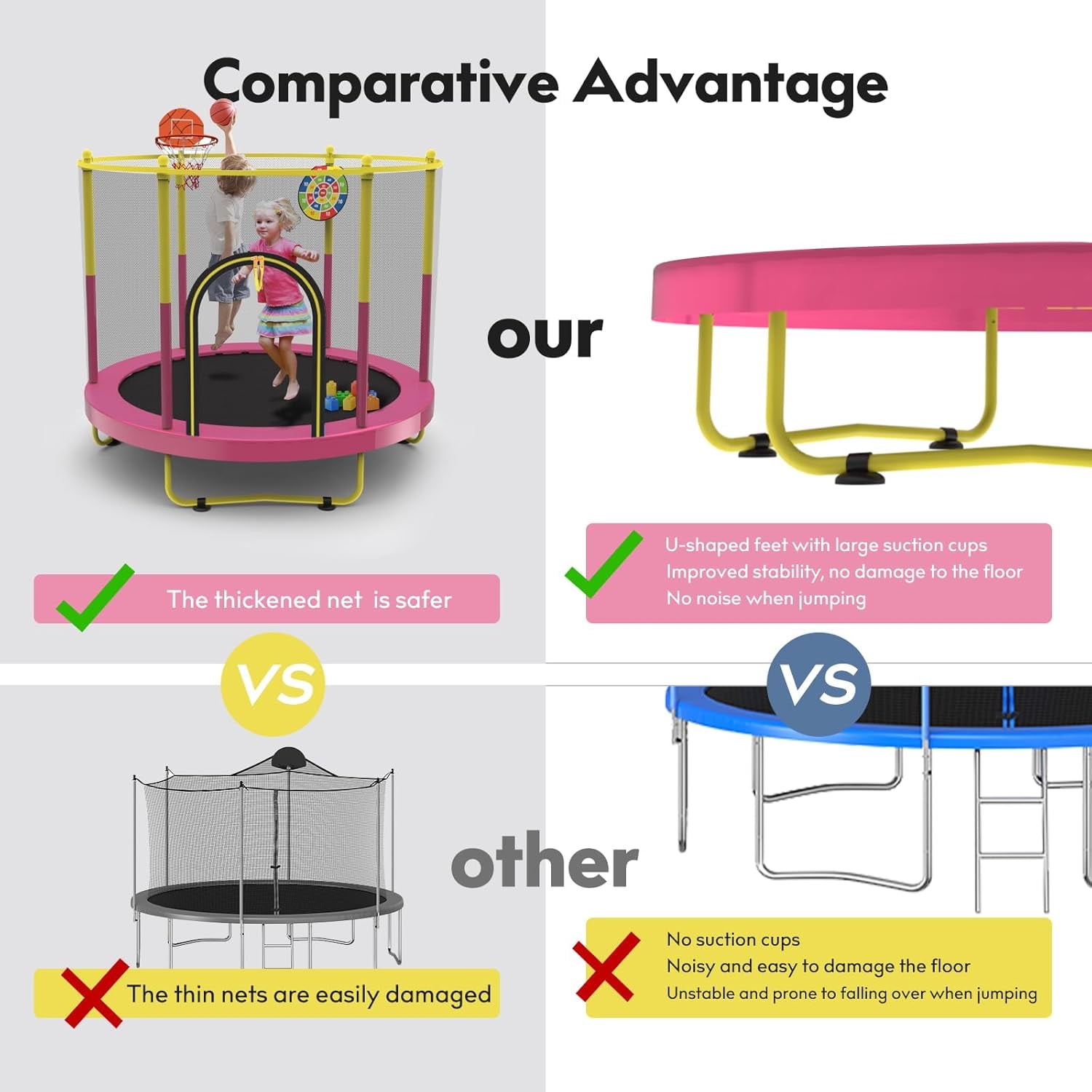EAYSG 72" Trampoline for Kids with Net,6 FT Indoor & Outdoor Small Toddler Trampoline with Basketball Hoop & Dart Board(Pink/Yellow)