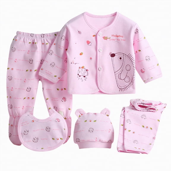 mgoYE Preemie Clothes 5PCS Newborn 0-3M Boys Girls Baby Cotton Clothes Bib Tops Hat Pants Suit Outfit Sets OneSize