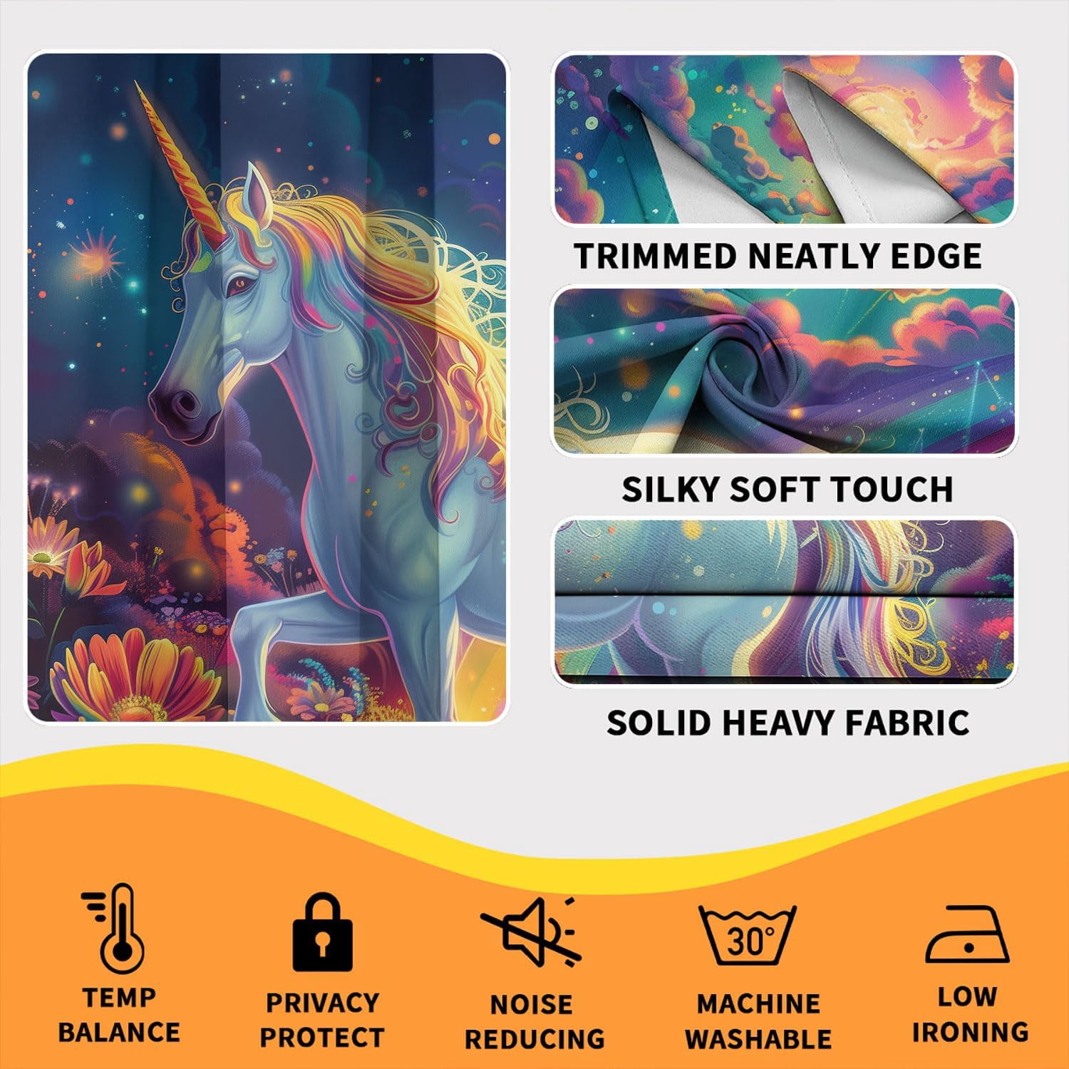 Fantasy Unicorn Blackout Curtains for Kid Girls Boys Bedroom, Enchanted Forest Rainbows Flower Rod Pocket Window Drapes for Bedroom Living Room, W42 x L63 Inch