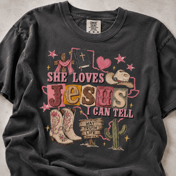She Loves Jesus I Can Tell Western Christian Cowgirl Shirt, Faith Graphic Tee, Country Western Religious Shirt, Vintage Jesus Lover Gift for Women