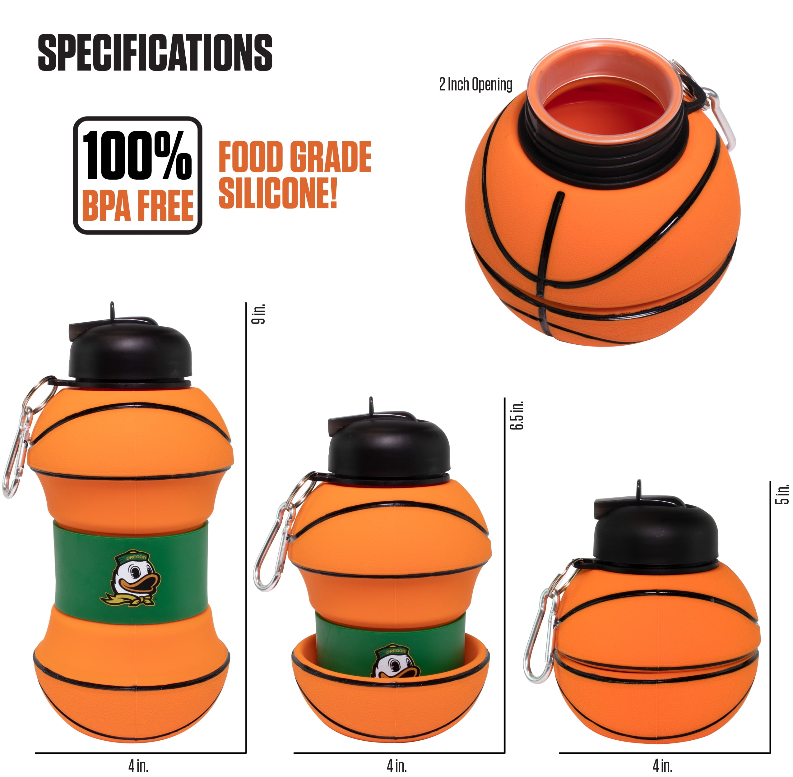 MACCABI ART Oregon Ducks Clip-On Collapsible 1 Liter, 34 oz. size BPA-Free Silicone Basketball Large Water Bottle for Kids