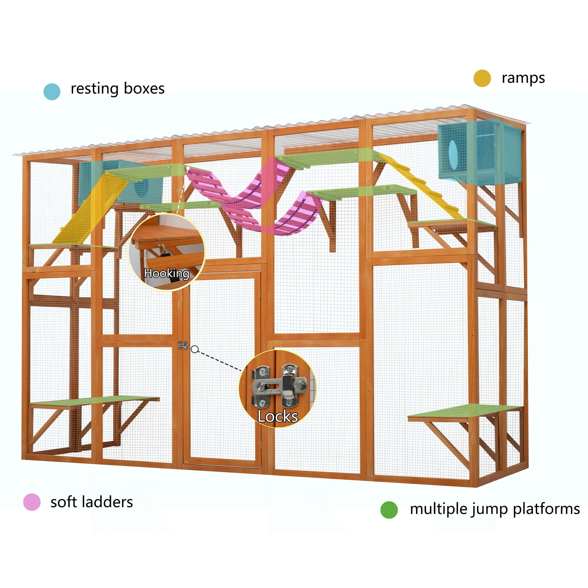 Harper & Bright Designs Weatherproof Cat Catio for Outdoor, Cat Enclosure with Litter Box, Wood Cat House for Multiple Cats, Natural Wood