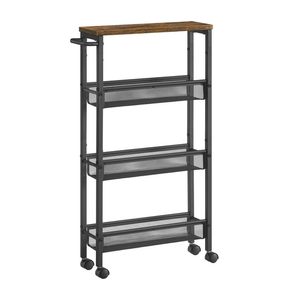 VASAGLE Carro de 4 Niveles, Carro Estrecho de Cocina con Ruedas, 13 x 45.4 x 77 cm, con Asa, para Espacio Reducido, para Cocina, Baño, Salón,Estudio, Marrón Rústico y Negro