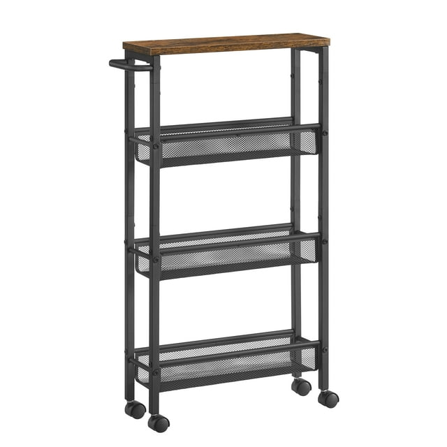 VASAGLE Carro de 4 Niveles, Carro Estrecho de Cocina con Ruedas, 13 x 45.4 x 77 cm, con Asa, para Espacio Reducido, para Cocina, Baño, Salón,Estudio, Marrón Rústico y Negro