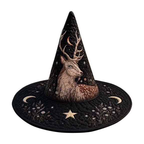 Quilted Witch Hat For Halloween Polyester Embroidered Garden Hat With Flowers Multicolor 43x30cm