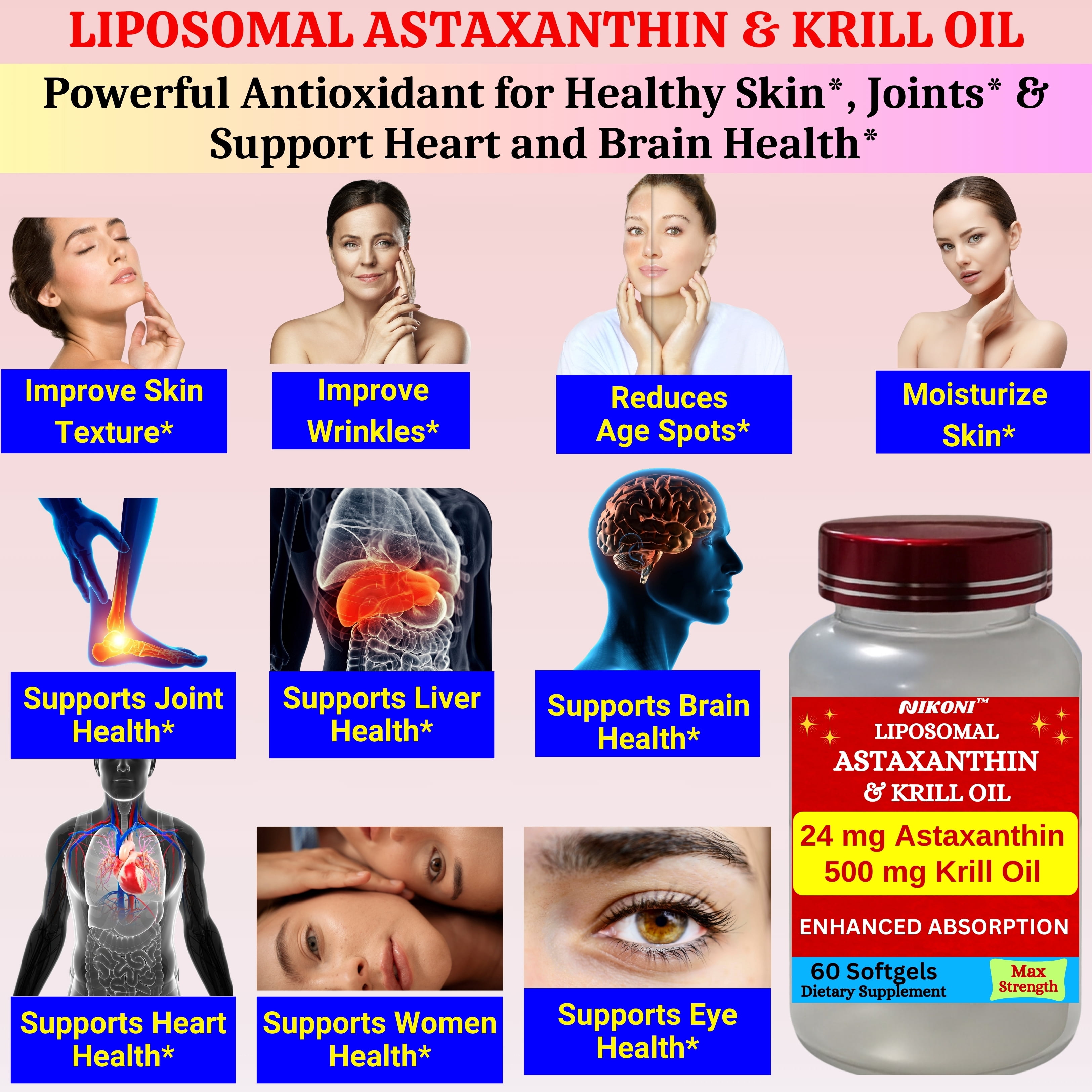 Nikoni Liposomal Astaxanthin & Krill Oil, 24 mg Antioxidant with Omega-3s, Supports Cellular, Joint & Heart Health, Gluten-Free, 120 Softgels