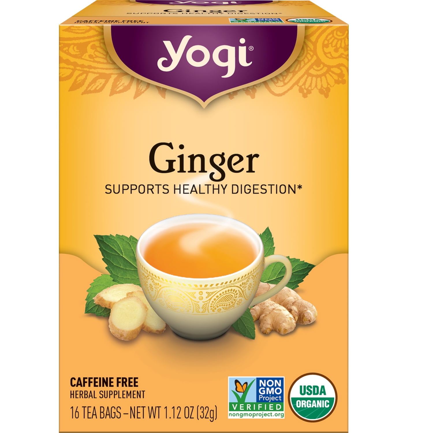Yogi Tea Ginger, Caffeine-Free Organic Herbal Tea, Wellness Tea Bags, 16 Count